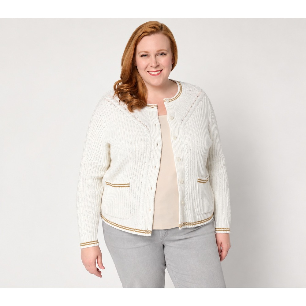 Isaac Mizrahi Live! Yacht Club Cable Stitch Sweater Bright White, Large